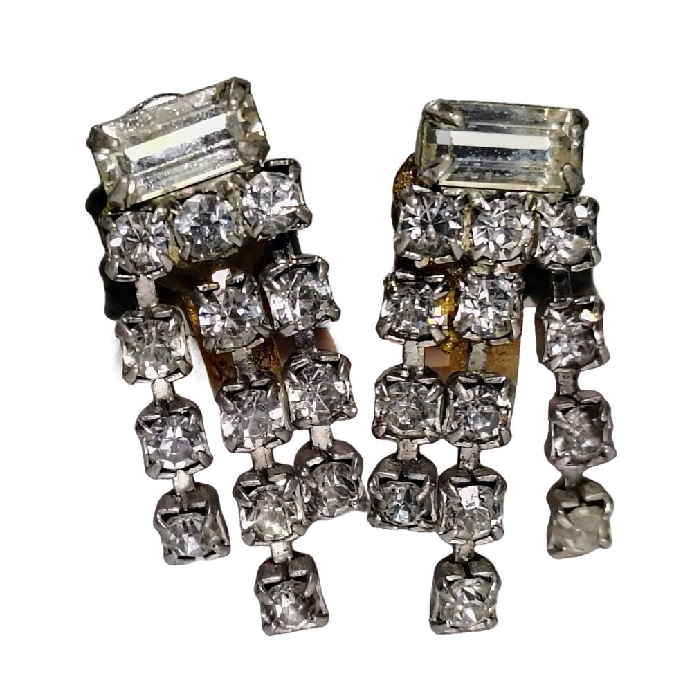 Vtg '50s Clear Rhinestone Dangle Clip Earrings Hollywood Regency Coquette Bridal